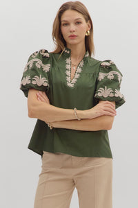 ENTRO Solid Embroidered Sleeve & Trim Top In Dark Green *COMING SOON*
