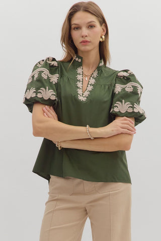 ENTRO Solid Embroidered Sleeve & Trim Top In Dark Green *COMING SOON*