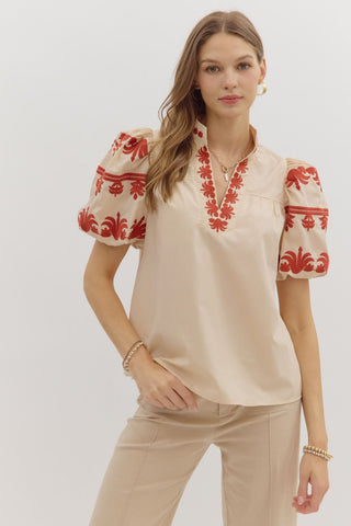 ENTRO Embroidered Sleeve V Neck Top In Ecru