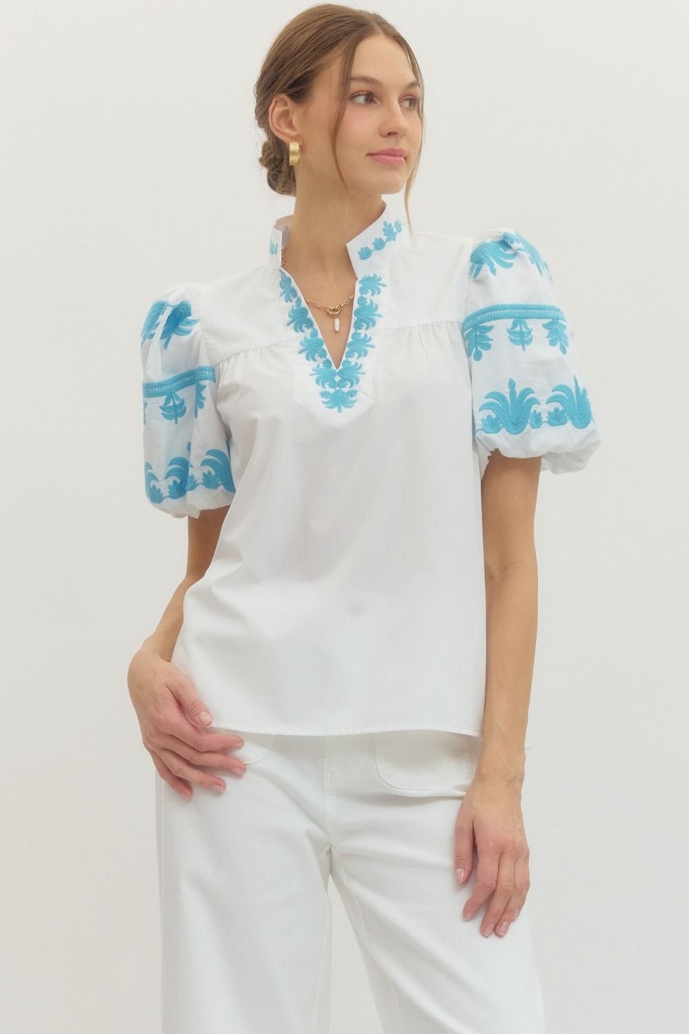 Entro Solid V Neck Embroidered Sleeve Top In Off White