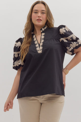 ENTRO Solid V Neck With Embroidered Sleeves & Trim In Black PLUS Sizes