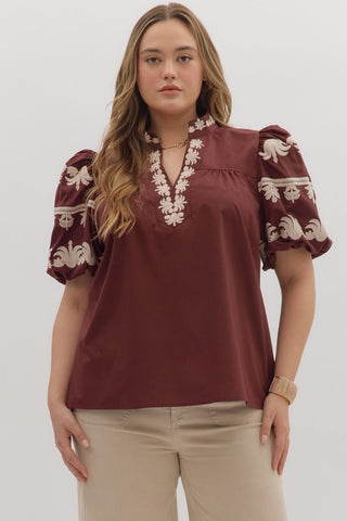 Entro V Neck Top With Embroidered Sleeve In Burgundy PLUS Sizes