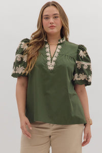 ENTRO Solid V Neck With Embroidered Sleeves & Trim In Dark Green PLUS Sizes