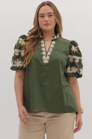 ENTRO Solid V Neck With Embroidered Sleeves & Trim In Dark Green PLUS Sizes