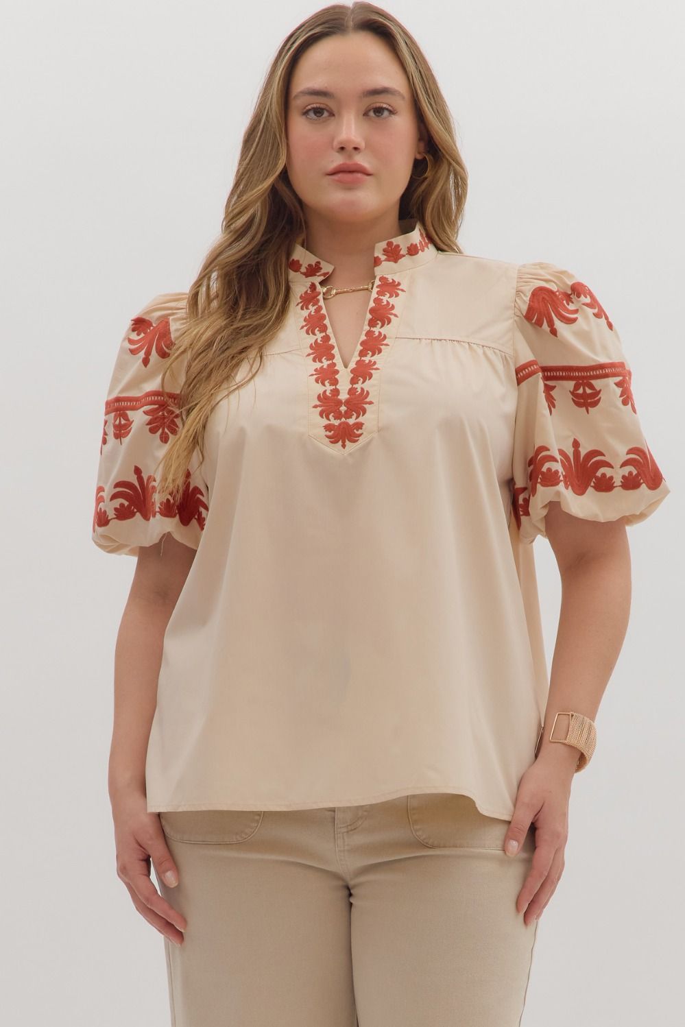 Entro V Neck Top With Embroidered Sleeve In Ecru PLUS Sizes