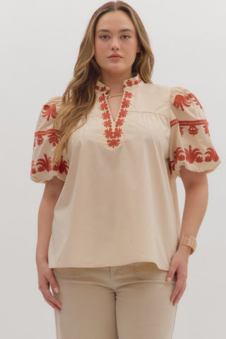 Entro V Neck Top With Embroidered Sleeve In Ecru PLUS Sizes