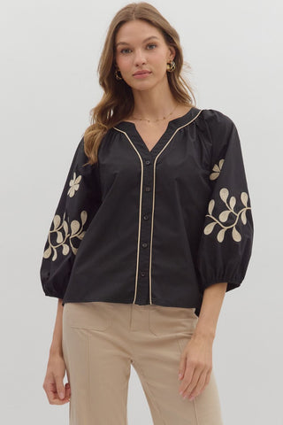 ENTRO Embroidered 3/4 Sleeve Button Down Top In Black