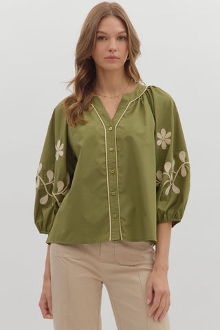 ENTRO 3/4 Embroidered Sleeve Button Down Top In Olive