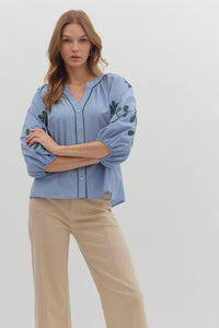 ENTRO 3/4 Embroidered Sleeve Button Down Top In Slate Blue