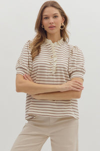ENTRO Striped Ruffle Neck Top In Cream Mocha *COMING SOON*
