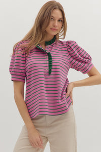 ENTRO Stripe Ruffle Neck Knit Top In Orchid