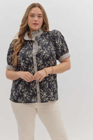 Entro Floral Ruffle Band Top In Black PLUS Sizes