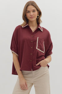 ENTRO Short Sleeve Dolman Top With Embroidered Trim In Burgundy