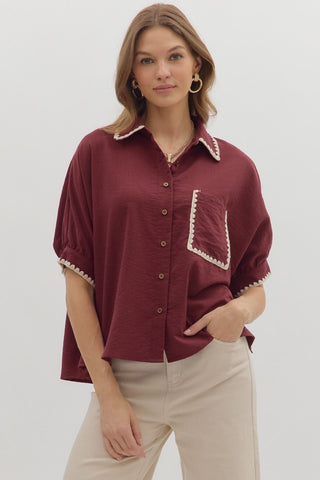 ENTRO Short Sleeve Dolman Top With Embroidered Trim In Burgundy