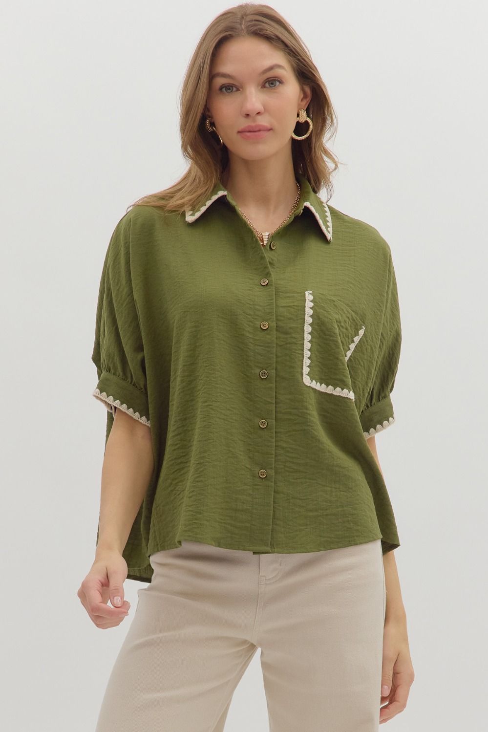 ENTRO Short Sleeve Dolman Top With Embroidered Trim In Olive