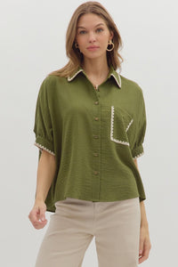 ENTRO Short Sleeve Dolman Top With Embroidered Trim In Olive