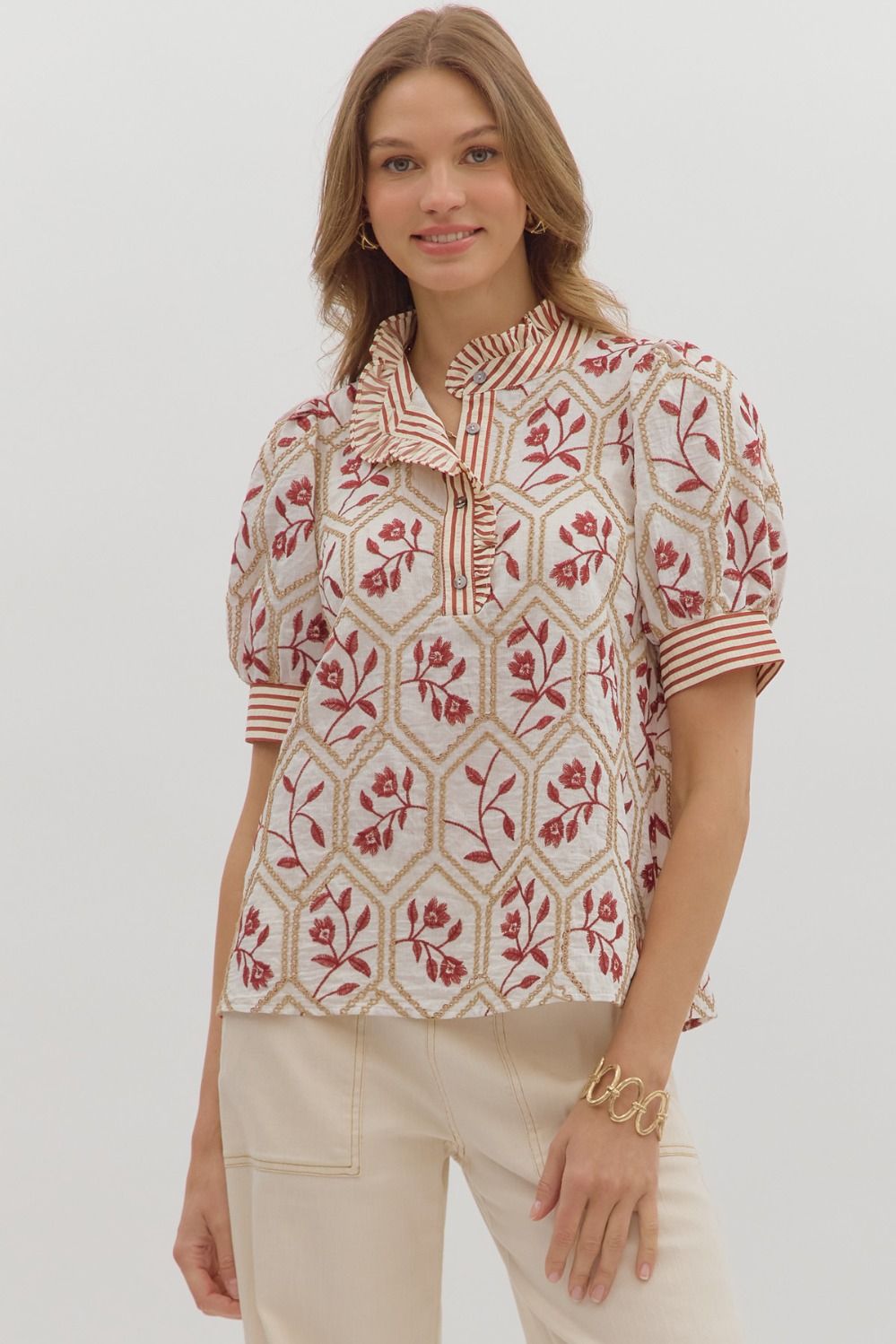 ENTRO Floral Embroidered Top With Ruffle Trim In Brick *COMING SOON*