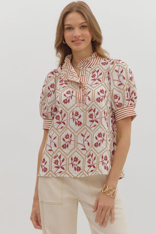 ENTRO Floral Embroidered Top With Ruffle Trim In Brick *COMING SOON*