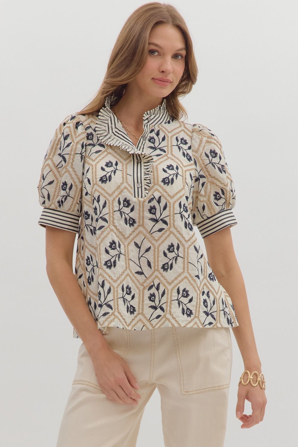 Entro Floral Embroidered Top With Ruffle Trim In Cream *COMING SOON*
