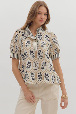 Entro Floral Embroidered Top With Ruffle Trim In Cream *COMING SOON*
