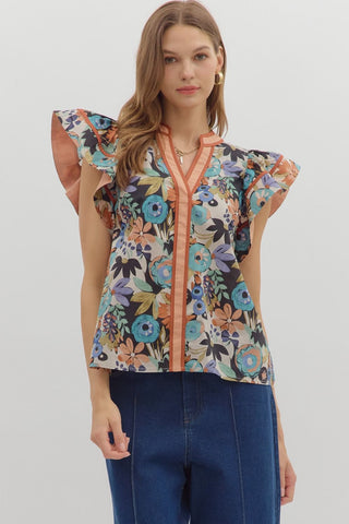 ENTRO Multi Floral Flutter Sleeve Top In Cinnamon