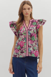 ENTRO Multi Floral Flutter Sleeve Top In Plum