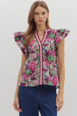ENTRO Multi Floral Flutter Sleeve Top In Plum