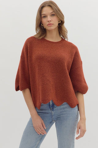 ENTRO Solid Pullover Sweater With Scalloped Trim In Rust