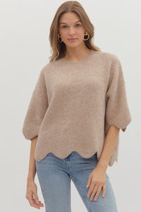 ENTRO Solid Pullover Sweater With Scalloped Trim In Taupe