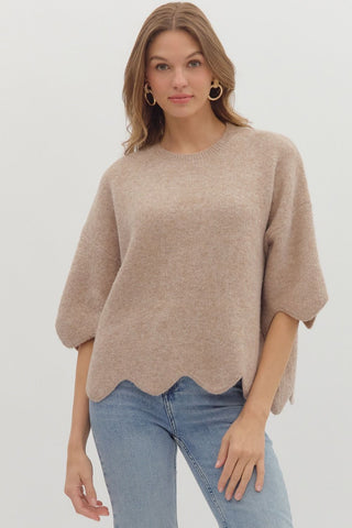 ENTRO Solid Pullover Sweater With Scalloped Trim In Taupe