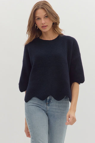 ENTRO Solid Pullover Sweater With Scallop Trim In Navy