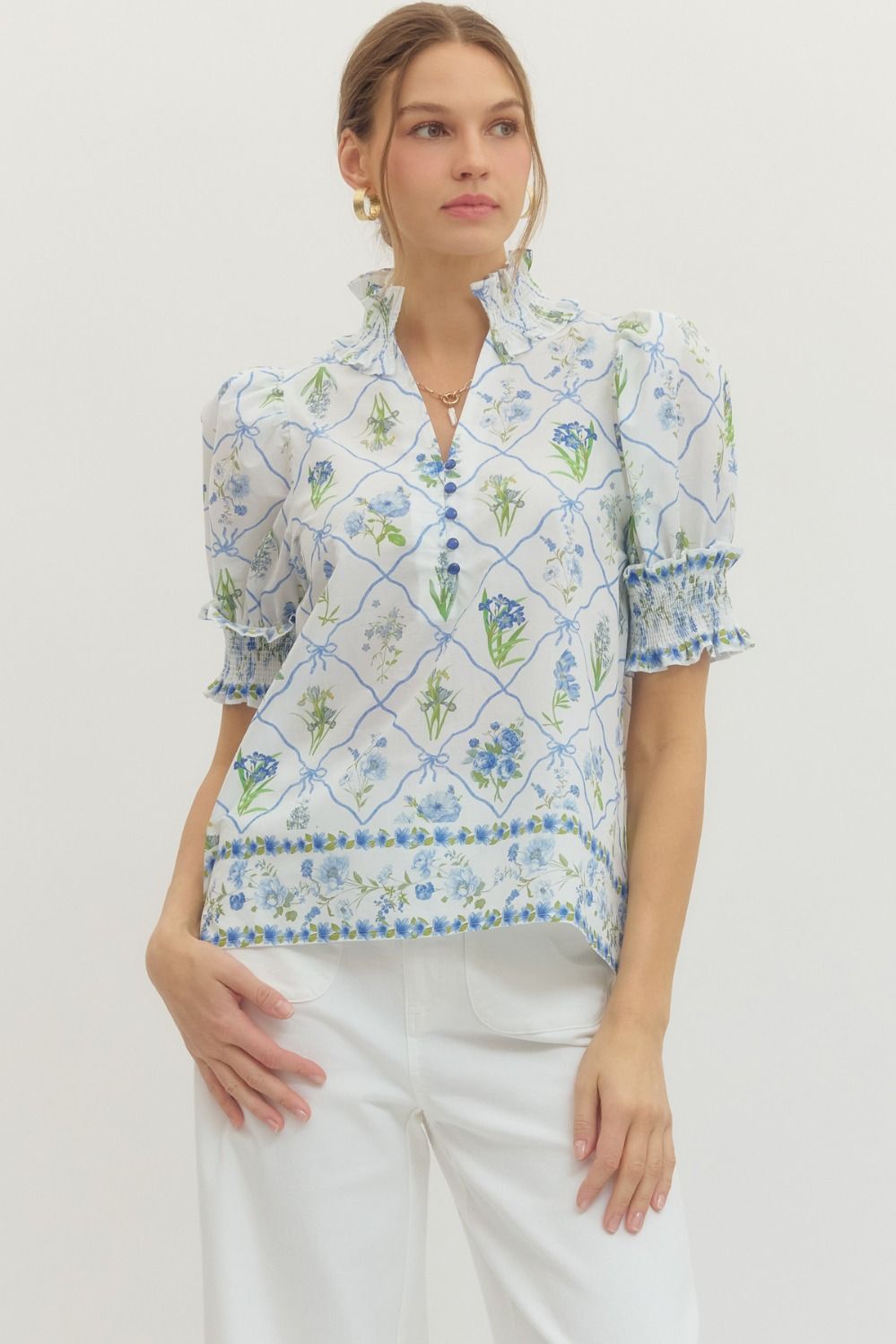 Entro Floral Top With Smocked Cuff In Blue *COMING SOON*