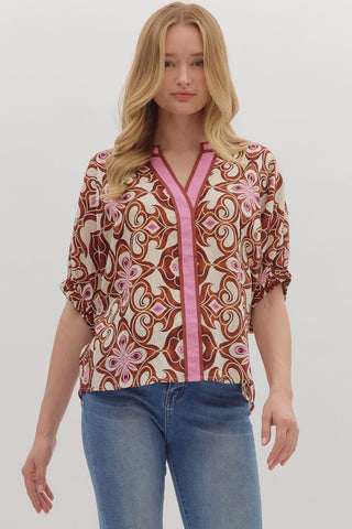 Entro Abstract Short Sleeve V Neck Dolman Top In Brown *COMING SOON*