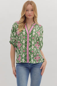 Entro Abstract Short Sleeve V Neck Dolman Top In Pine *COMING SOON*