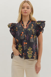ENTRO Botanical Print Flutter Sleeve In Black *COMING SOON*