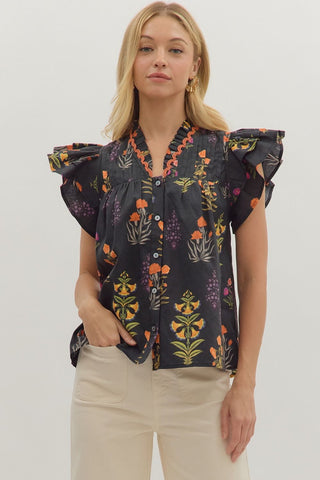 ENTRO Botanical Print Flutter Sleeve In Black *COMING SOON*