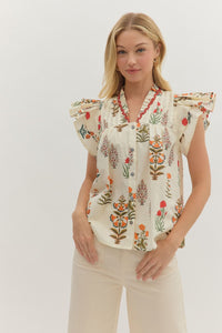 ENTRO Botanical Print Flutter Sleeve In Cream *COMING SOON*