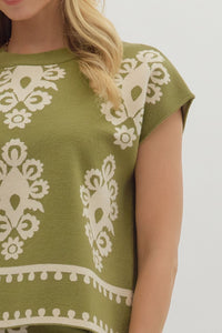 ENTRO Damask Sweater Top In Olive