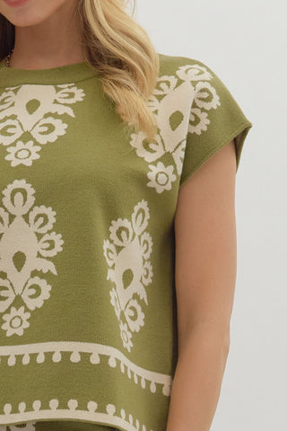 ENTRO Damask Sweater Top In Olive