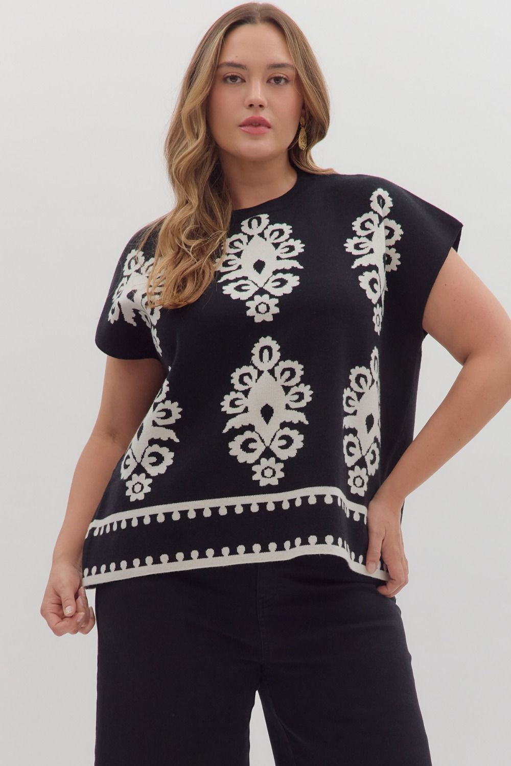 Entro Damask Sweater Top In Black PLUS Sizes