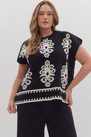 Entro Damask Sweater Top In Black PLUS Sizes *COMING SOON*