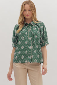 Entro Floral Button Front Collared Top In Hunter Green *COMING SOON*