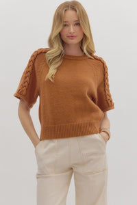 ENTRO Short Sleeve Braided Detail Sweater In Camel *COMING SOON*