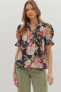 ENTRO Floral Smocked Sleeve V Neck Top In Black