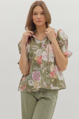 ENTRO Floral Smocked Sleeve V Neck Top In Olive
