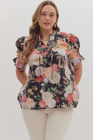 ENTRO Floral Smocked Band V Neck Top In Black PLUS Sizes *COMING SOON*