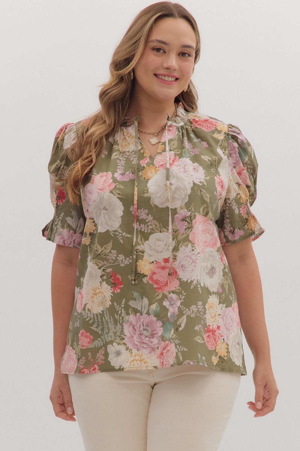 ENTRO Floral Smocked Band V Neck Top In Olive PLUS Sizes