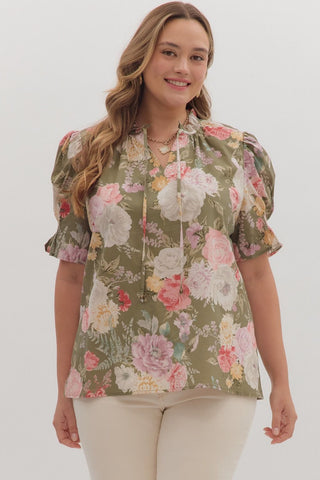 ENTRO Floral Smocked Band V Neck Top In Olive PLUS Sizes *COMING SOON*