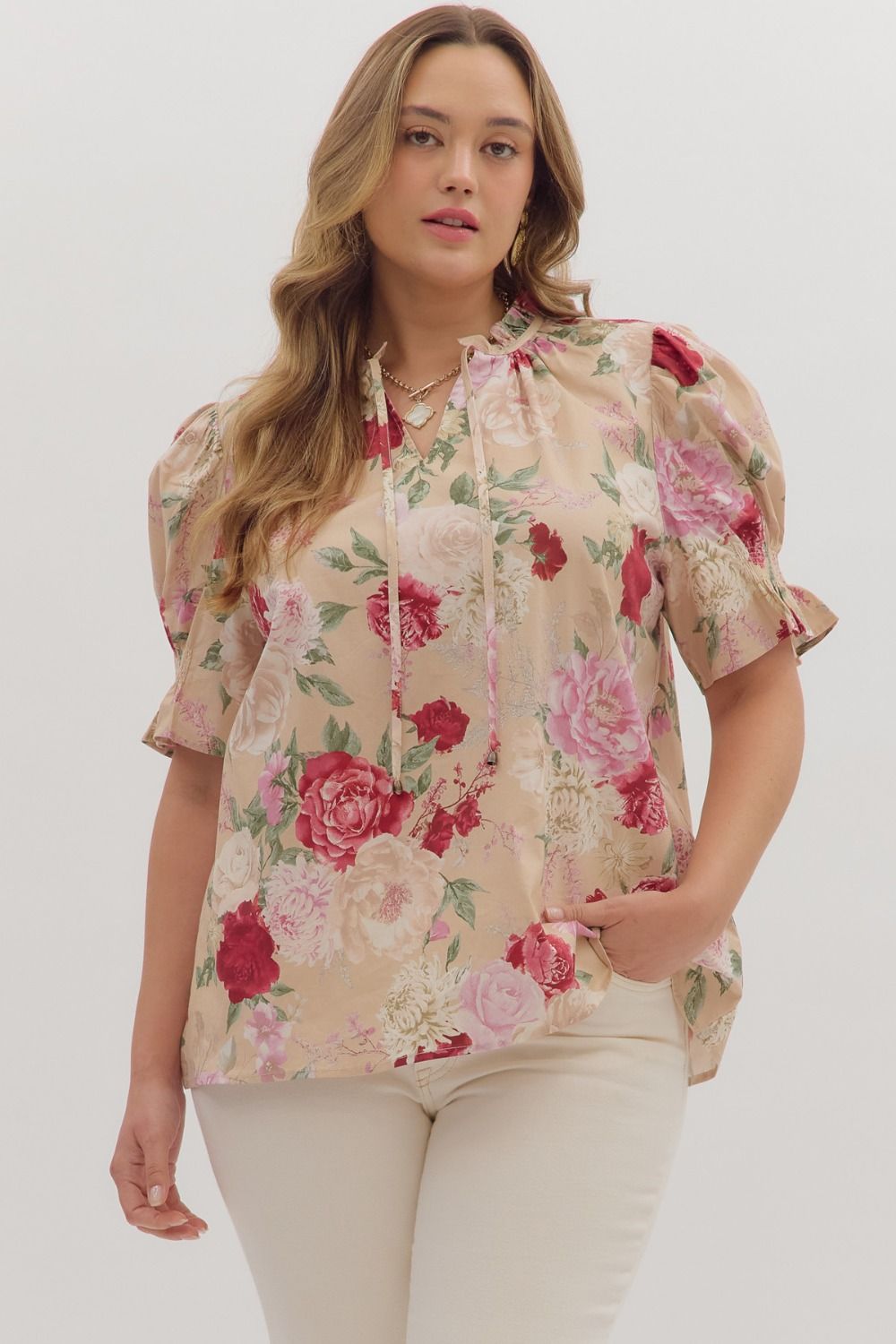 ENTRO Floral Smocked Band V Neck Top In Sand PLUS Sizes *COMING SOON*