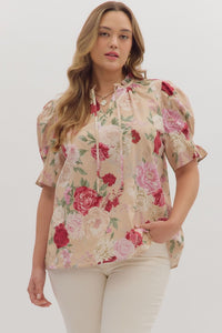 ENTRO Floral Smocked Band V Neck Top In Sand PLUS Sizes *COMING SOON*